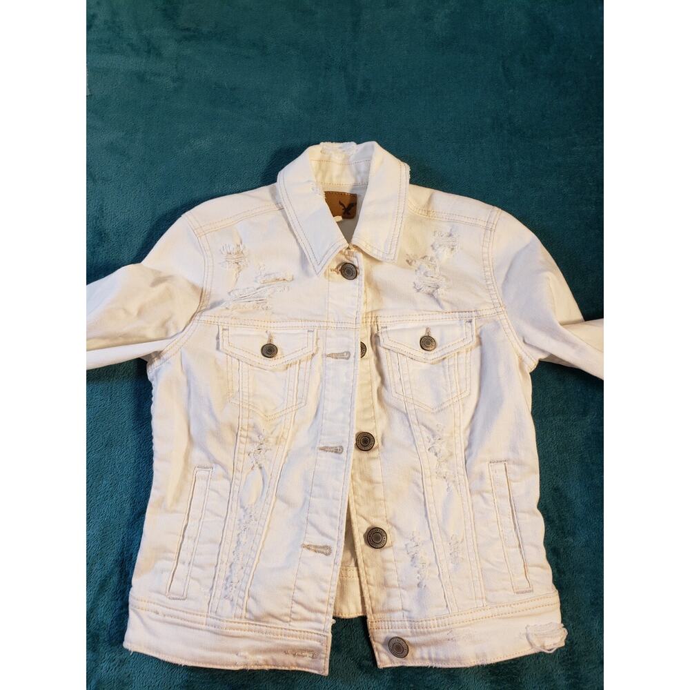 American Eagle Jacket Size Extra Small Womens White Denim Jean Distressed - Picture 2 of 8